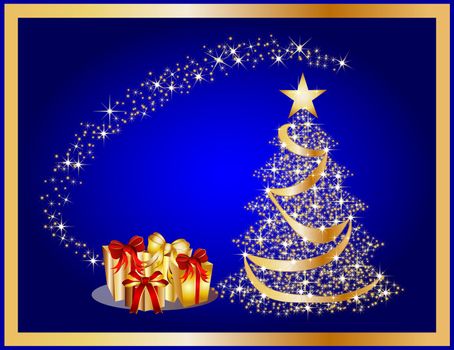 illustration of a golden christmas tree on blue background