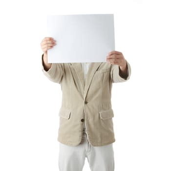 Young the man holds blank signs. It is isolated on a white background