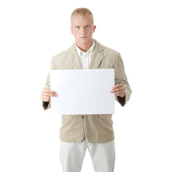 Young the man holds blank signs. It is isolated on a white background