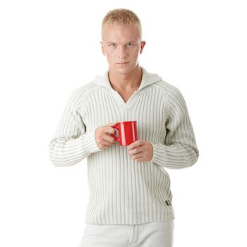 Man drinking a coffee or tee isolated on white background