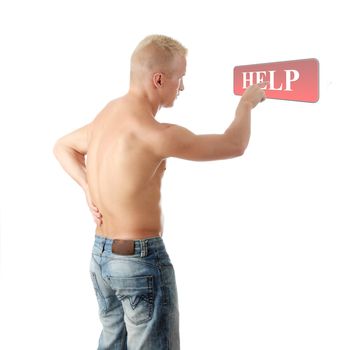 Men with pain in his back calling for help by presing button on abstract screen