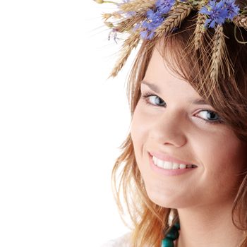 Teen girl in summer wreath isolated