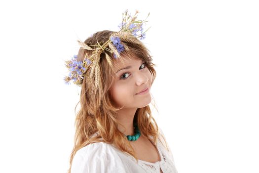 Teen girl in summer wreath isolated