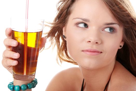 Young woman in bikini drinking ice tea isolated