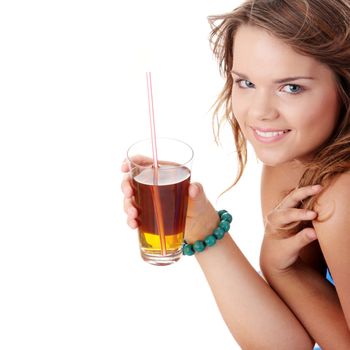 Young woman in bikini drinking ice tea isolated