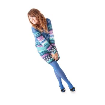 Teen girl in blue dress and blue stockings isolated