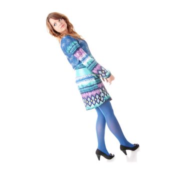 Teen girl in blue dress and blue stockings isolated