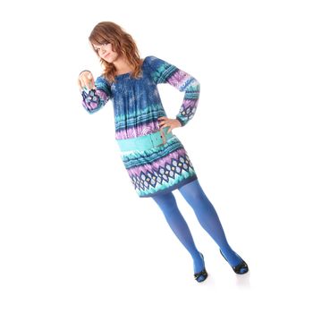 Teen girl in blue dress and blue stockings isolated