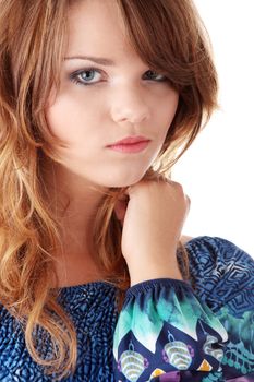 Teen girl in blue dress and blue stockings isolated