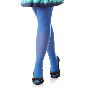Girl in blue dress and blue stockings isolated