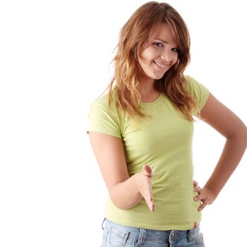 Young casual woman with an open hand ready to seal a deal on a white background