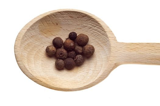 Herbs and spices on wooden spoons - pepper