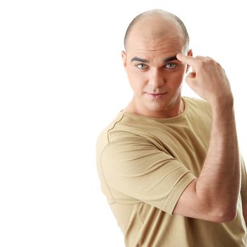 Man with funny facial expression isolated