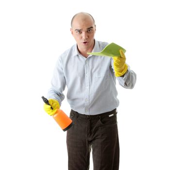 Businessman holding a cleaning accessories (isolated on white)