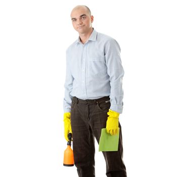 Businessman holding a cleaning accessories (isolated on white)