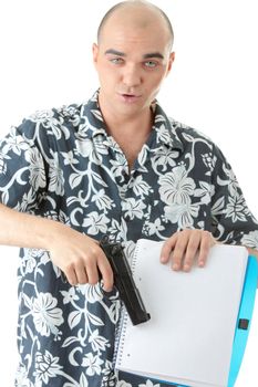 Man with gun trying to make someone to sign papers