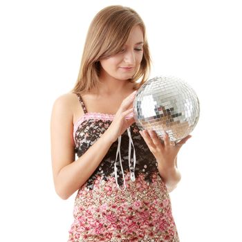 Young blond women with disco ball isolated on white