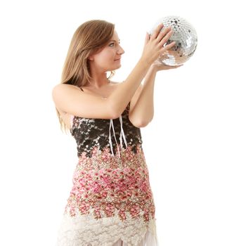 Young blond women with disco ball isolated on white