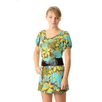 Portrait of the attractive blonde in green summer dress isolated on white background
