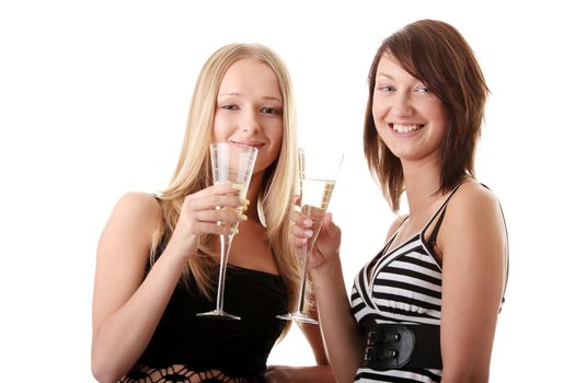 Two casual young women enjoying champagne isolated on white background