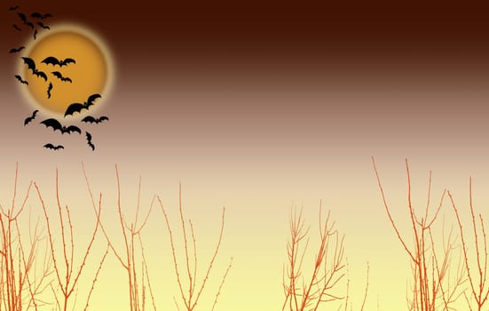 Landscape format illustrative image of a halloween type scene. Bats fly over a night time moon landscape. Room for copy etc.