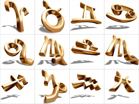 3D Zodiac signs, gold metal, isolated on white, s