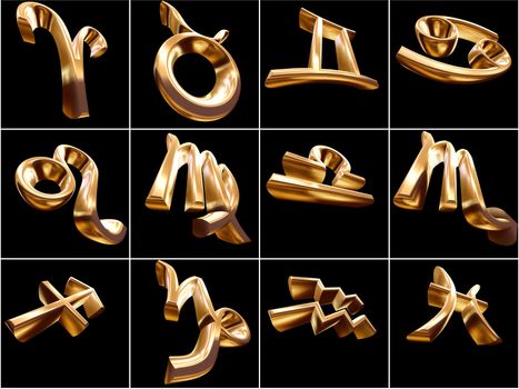 3D Zodiac signs on black background