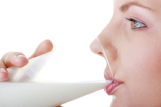 Young happy woman drinking milk isolated on white background
