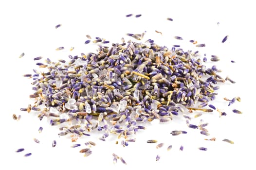 Lavender with a bit of bath salts close up, isolated on a white background.
