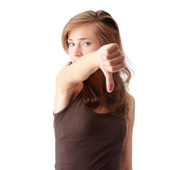 Young woman showing thumbs down isolated