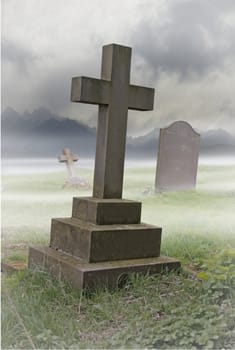 Misty Graveyard with Stone Cross