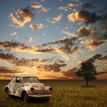 An Old Abandoned Car with Sunset