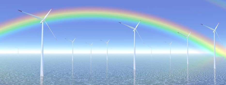 Wind turbines in the blue ocean in front of a beautiful rainbow