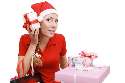 Cheerful Santa woman helper shaking gifts