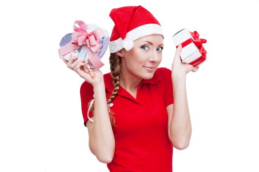 Santa helper with many gifts over white