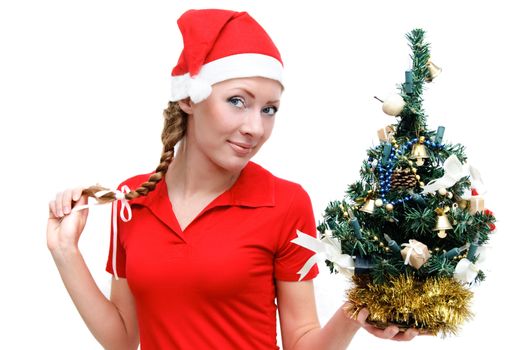 Santa helper with Christmas tree over white