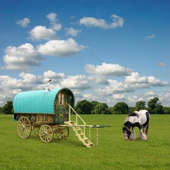 Old Gypsy Caravan, Trailer, Wagon with Horse