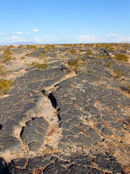 Volcanic rock scatters the desert around Amboy Crater National Natural Landmark in California.