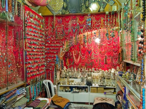 Colorful Jewellery fashion souvenir shop in an Oriental market bazzar Jerusalem Israel