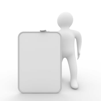 man holds the poster in a hand. 3D image