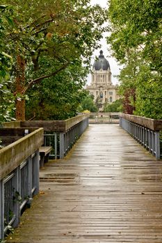 The deck leading to the Saskatchewan Legislative Building during sunset