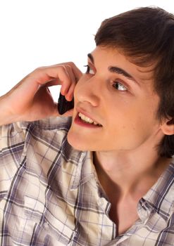 Young man talking mobile phone on white background