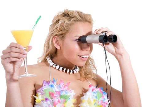 beautiful blond girl peering through her binoculars with cocktail in hand