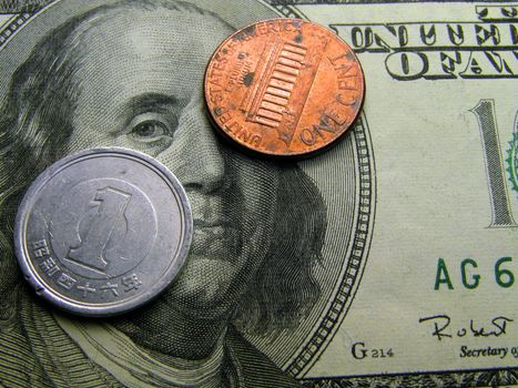 one yen,one cent on a 100 dollars bill-financial world power points concept..:)          