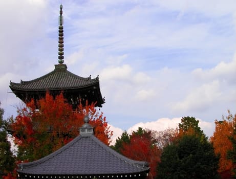 Traditional Japanese roofs against a cloudy sky during autumn. Important copy space in the upper right part of the sky.         