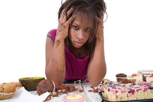 Pretty black woman looking desperate after having had an eating binge