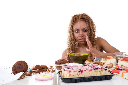 Pretty black girl pushing away the food and looking sick