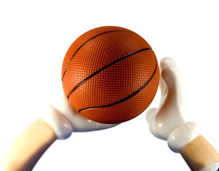 basketball on hand close up,isolated on a white background