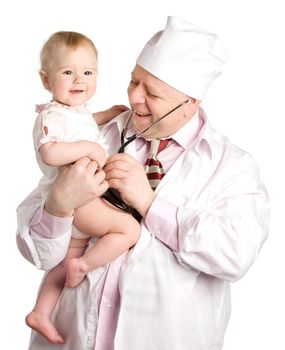 Smiling mum with the little girl on hands stands near to the doctor in white dressing gown on a white background
