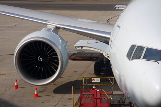 Close up of turbojet of aircraft 